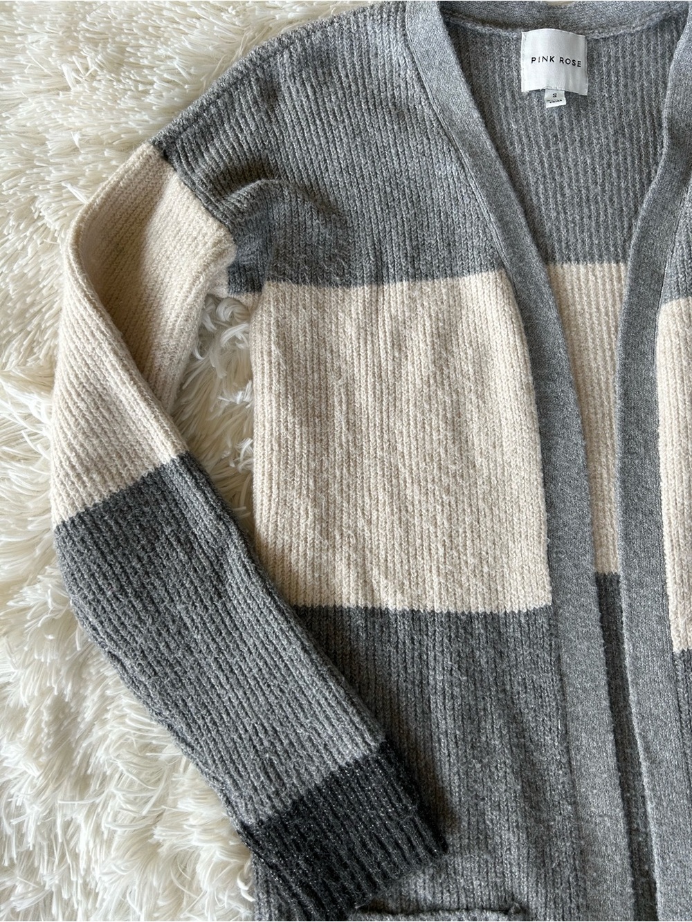 Pink Rose | Gray & Cream Colorblock Cardigan - Picture 2 of 5